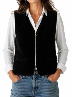 Marsh Landing Women Solid Black Velvet Quilted Vest SZ: PL